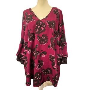 Lane Bryant Floral Top with Lace Sleeves, Berry Pink, Plus Size 18/20